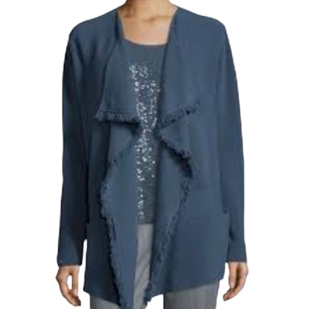 Lafayette 148 New York Blue Cashmere Wool Blend Mix-Ribbed Fringe Trim Cardigan
